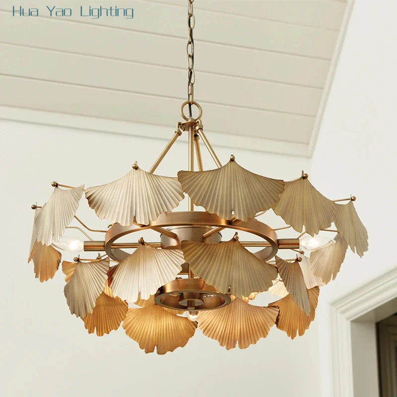 

Американская деревенская люстра для гостиной, дизайнерская лампа для спальни, ретро веерообразная форма, лист гинкго, ресторан, креативный выставочный зал