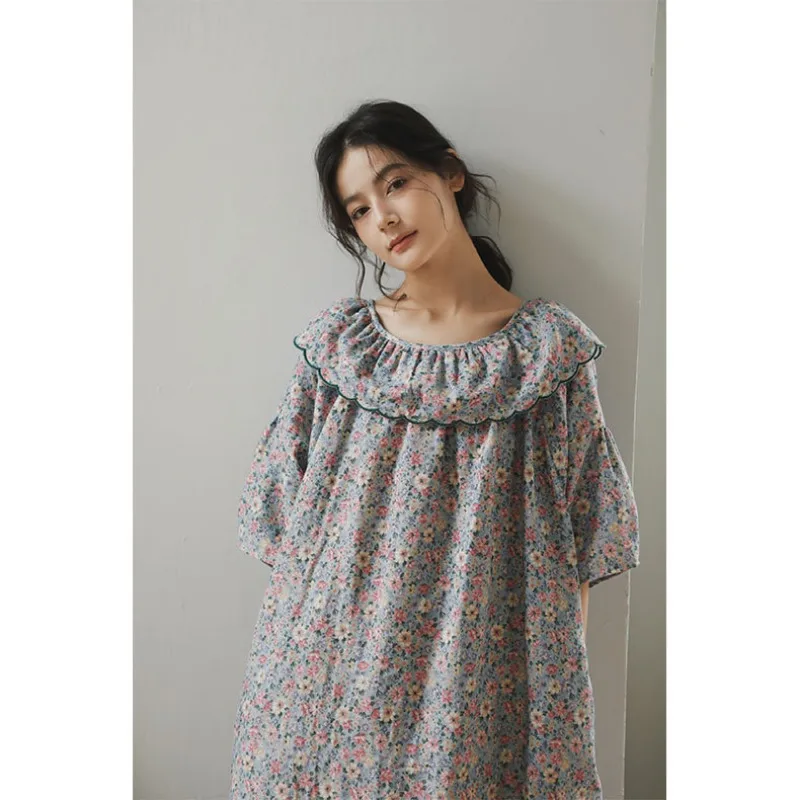 Autumn Cotton Double Gauze Cute Mid-Length Long Sleeve Nightgowns Round Neck Three Quarter Printed Pajama Dress Sexy Sleepwear