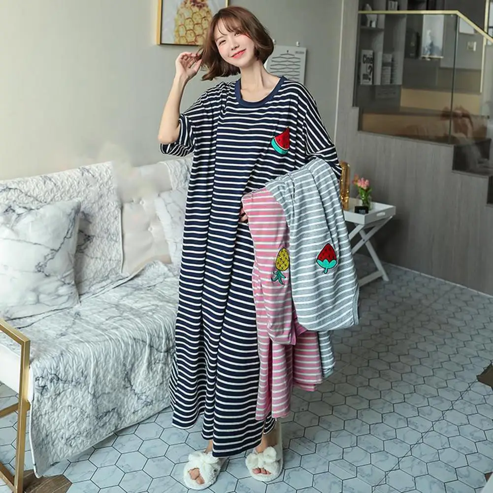 

Lady Night Robe Soft Anti-pilling Stripes Pattern Lady Night Robe Friendly to Skin Women Summer Nightgown Female Garment