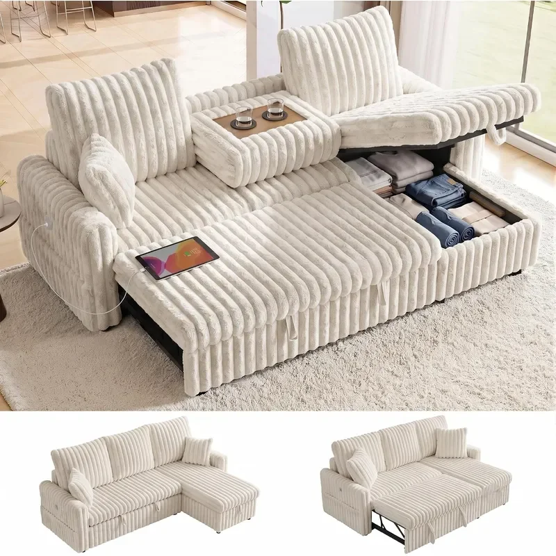 81 Sectional Sleeper Sofa Bed with Storage Chaise and USB Charging Plush Corduroy L Shaped Pull Out Couch Bed Modular