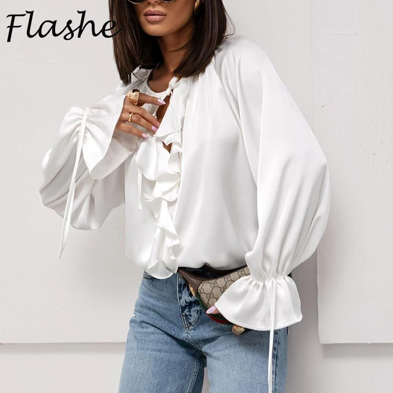 

Elegant Women Ruffle Blouses Shirt Solid V Neck Long Sleeve Women Shirt Tops Office Blouses Female Blus