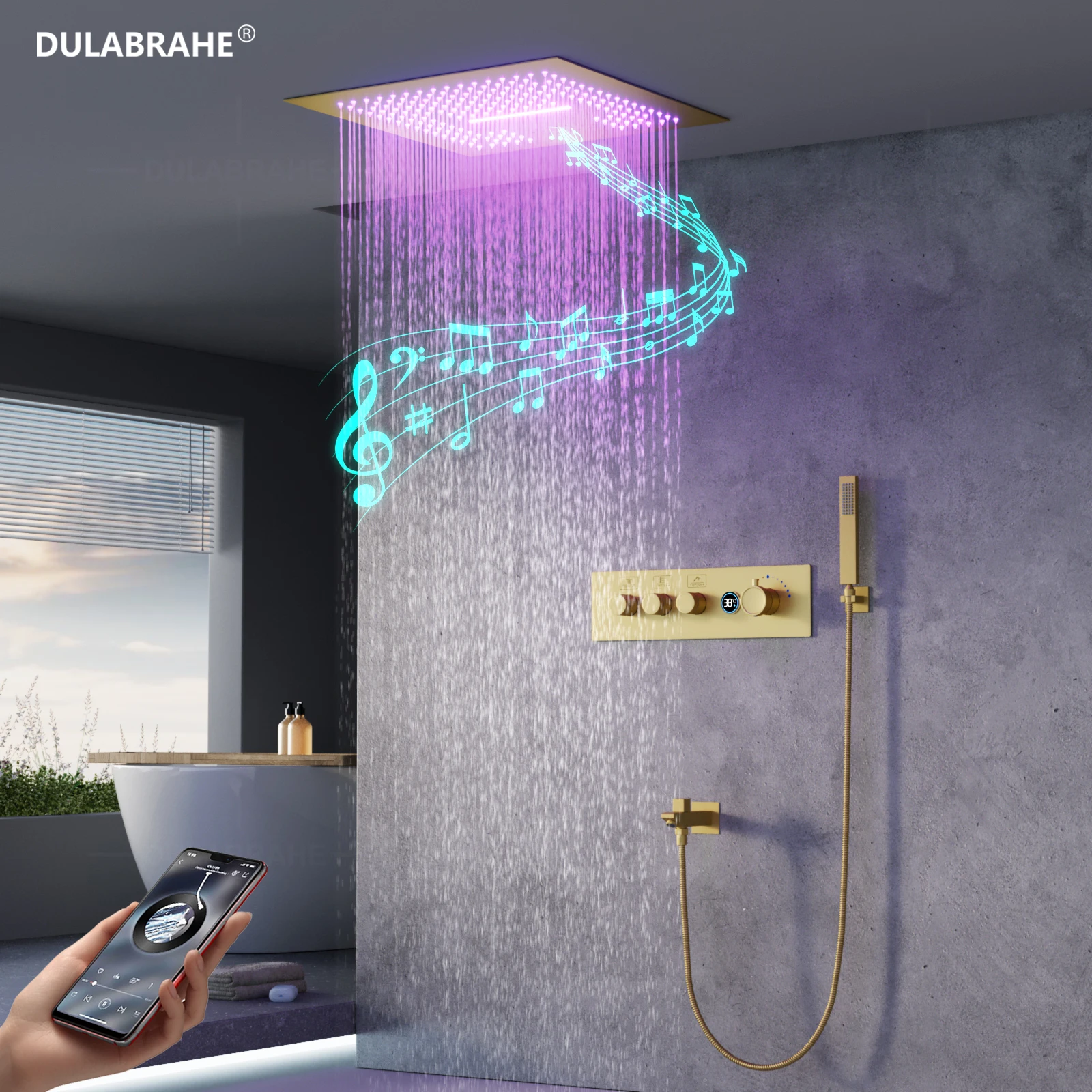 Thermostatic LED rain faucet brushed gold waterfall shower system button thermostatic control mixer faucet music shower set