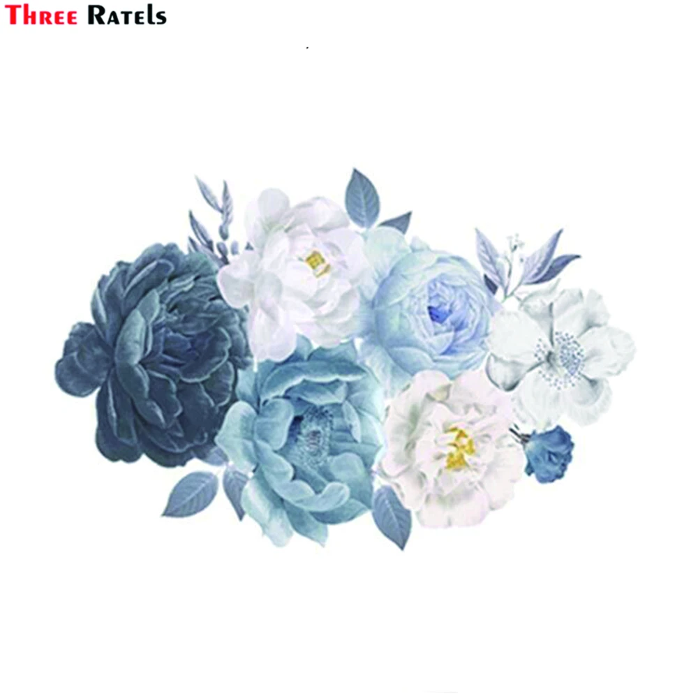 Three Ratels WF46 Peony Flower Wall Stickers White And Navy Blue Peony Rose Wall Decals 3d Diy Removable Decals