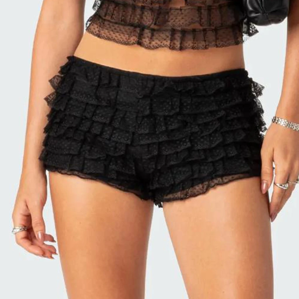 

HEZIOWYUN Women Y2K Aesthetic Summer Casual Low Waist Goth Shorts Lace Layered Ruffles Daily Casual Slim Fit Loungewear Bottoms