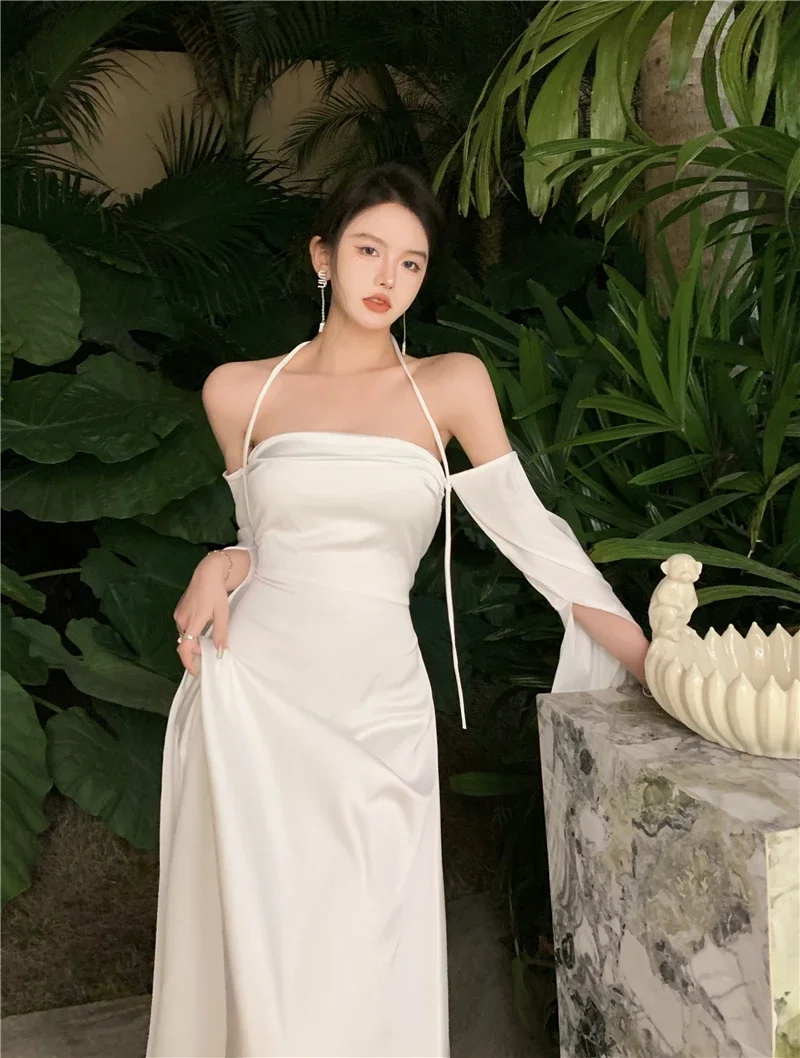 2022 Boho Beach Stain Midi Dress Party Women Evening Design Long Sleeve Slim Elegant Bodycon Dress One Piece Dress Korea Fashion