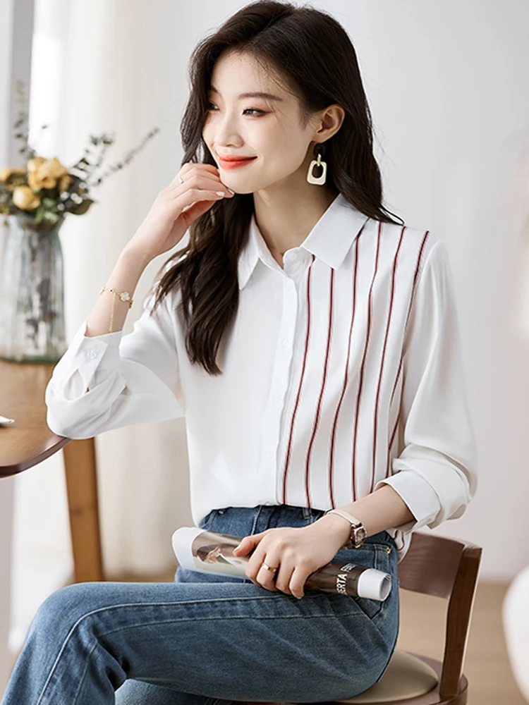 Lo más nuevo de 2025, moda de primavera, blusa de gasa de manga larga empalmada para mujer, camisa informal OL de oficina con cuello vuelto elegante, Tops para mujer