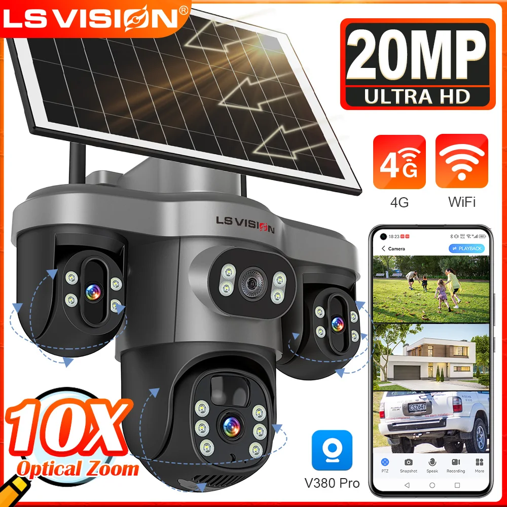 

LS VISION 20MP Outdoor Solar Camera 10X Optical Zoom 4G/WiFi Security Camera 3 Screens PIR Detection Auto Tracking CCTV V380 Pro