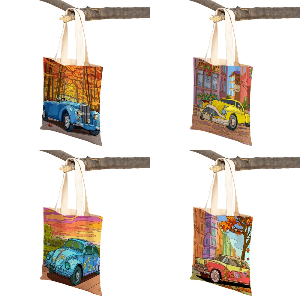 Fashion Happy Camper Art Cartoon House Tote Handbag for Women Casual  Both Sides Colorful Travel Car Lady Canvas Shopping Bag