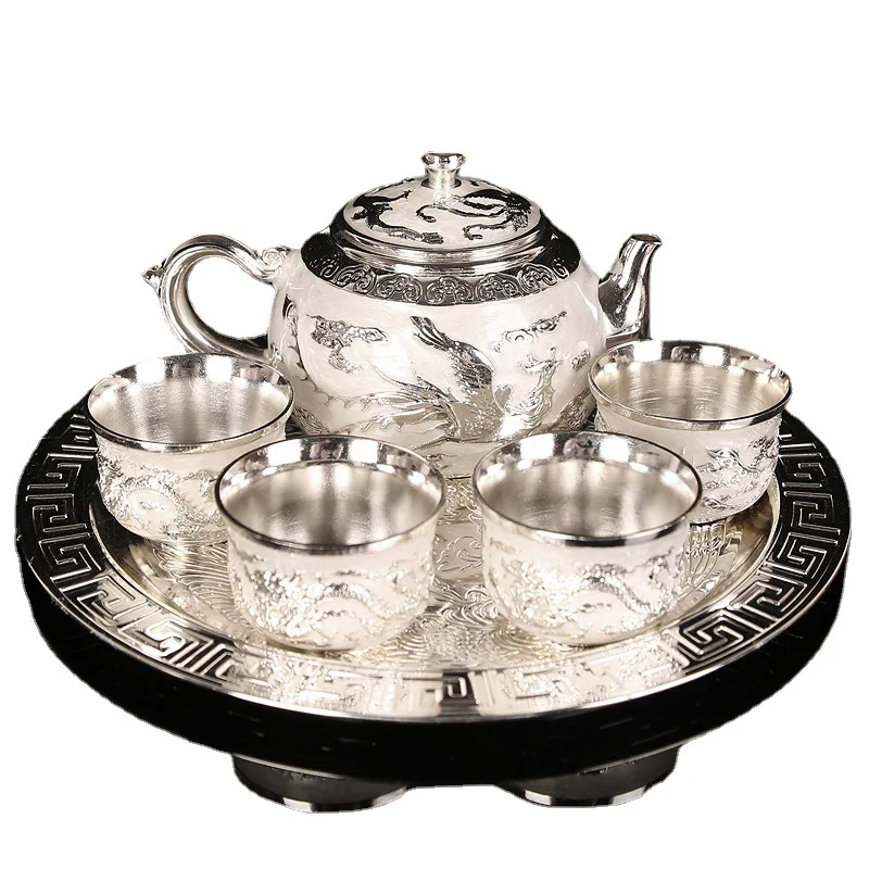 

Dragon and Phoenix Silver Tea Set Foot Silver Wine Set 1 Plate 1 Pot 4 Cups Chinese Gift Box Set Teapot Gifts