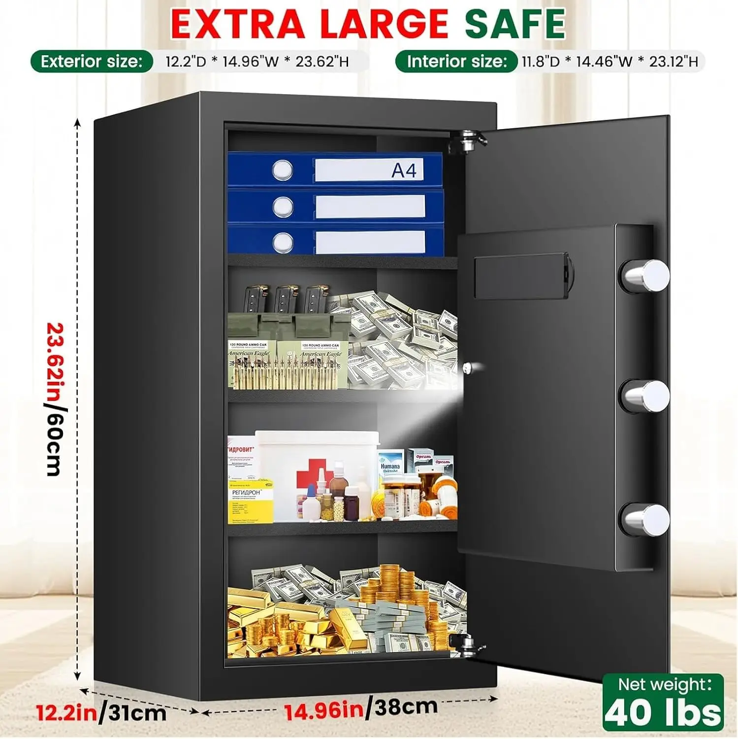 5.1 Cuft Fireproof Waterproof Digital Safe with Keypad Lock, 3 Removable Shelves & LED Light for Home Office Security