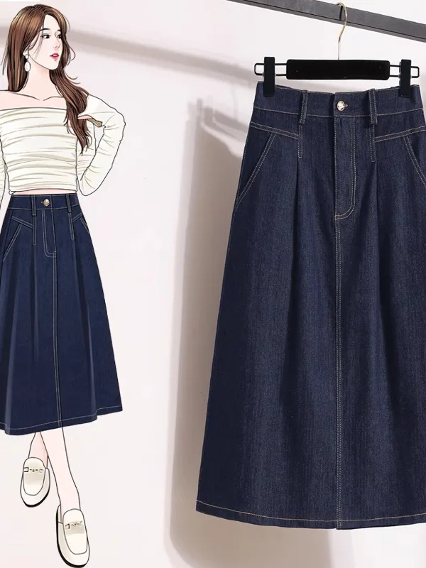 

Elegant Deep Blue Silk Denim Skirt High Waist A-Line Midi Skirt Hip Concealing Versatile Spring New plus Size Women's Skirt