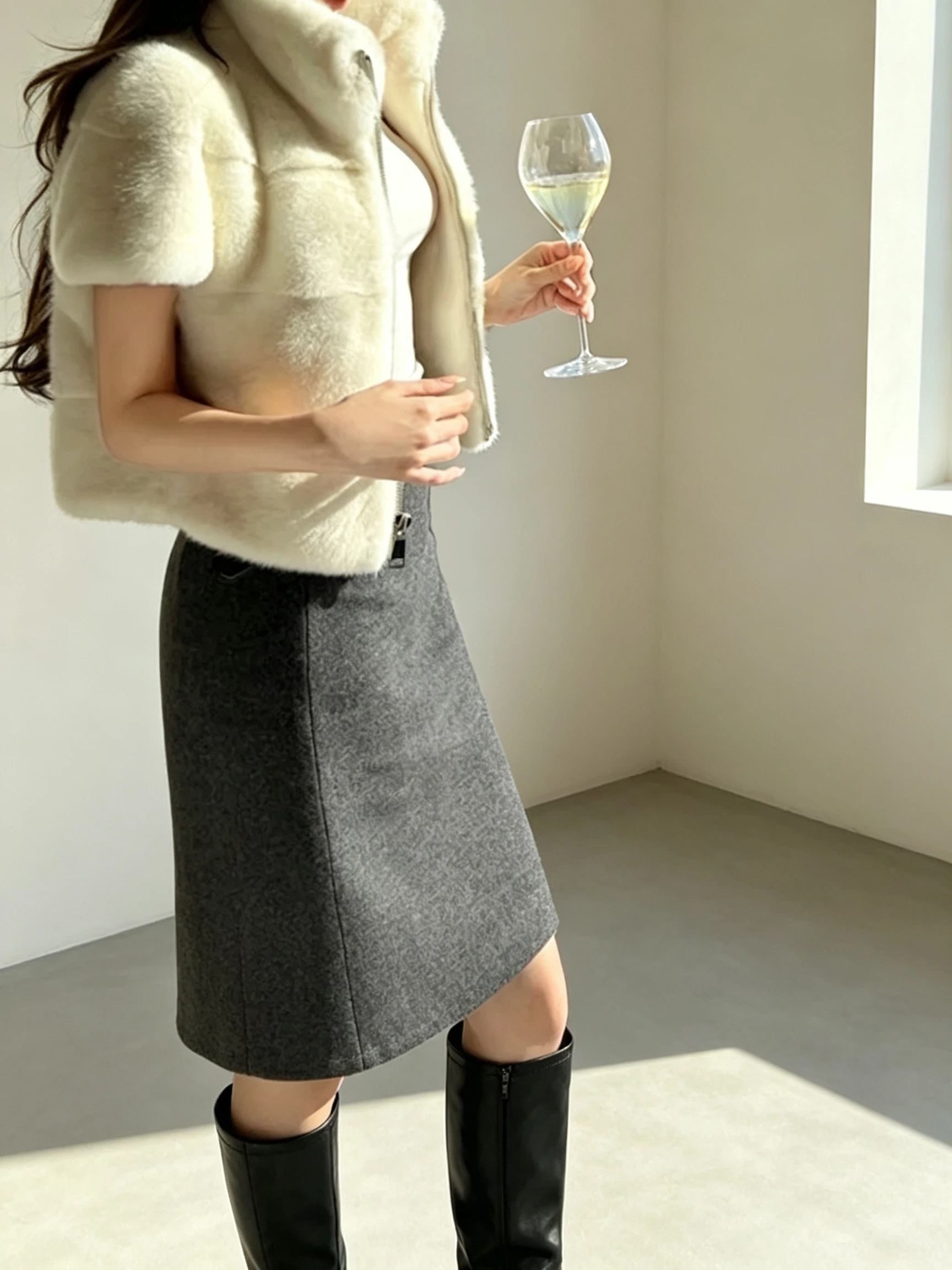 Gray Woolen Asymmetrical High Waist Pencil Skirt Women's Fashion Spring Autumn New Style Slimming Elegant Half-length Skirt