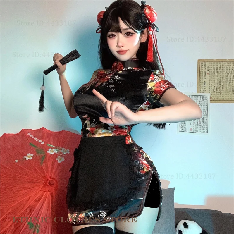 Plus Size Chinese Style Dress Black Y2K Qipao Anime Cosplay Costumes Lolita Maid Dress Sexy Print Flower Slim Cheongsam Vestidos