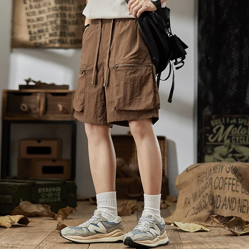 Calça curta masculina de secagem rápida, roupa de trabalho ao ar livre, verão, sensação legal, retrô, falsa, casual, comprimento de cinco quartos, calça de moletom