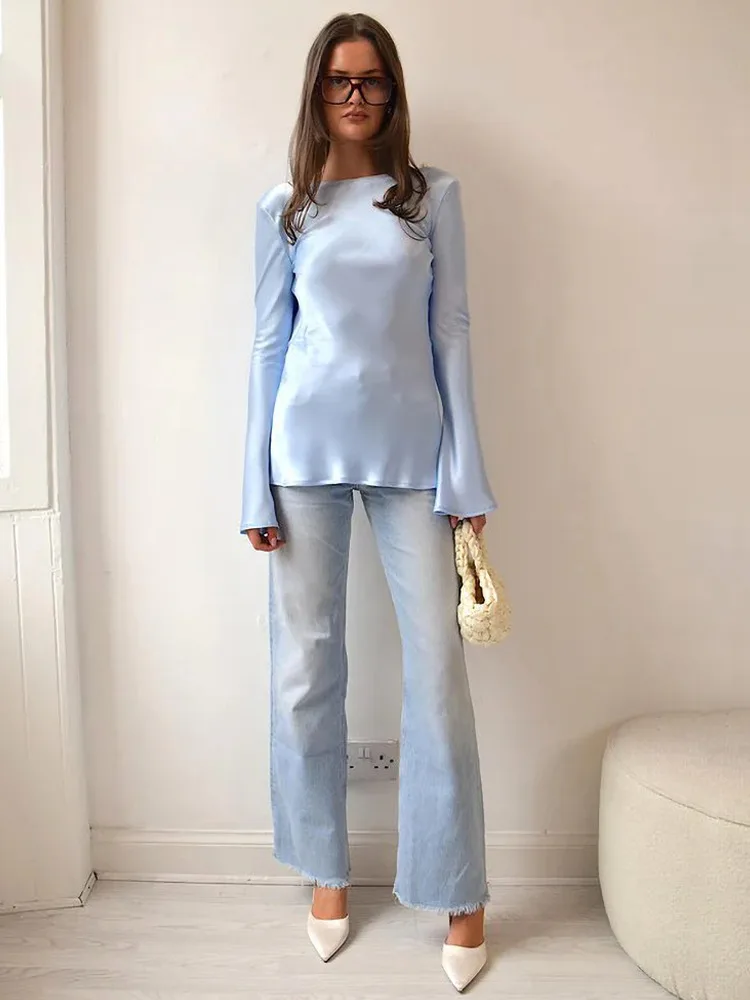 

Apprabant Women's Satin Sexy Backless Slim Flare Sleeve Top Solid Color Elegant Temperament Commuting T-shirt Casual Streetwear