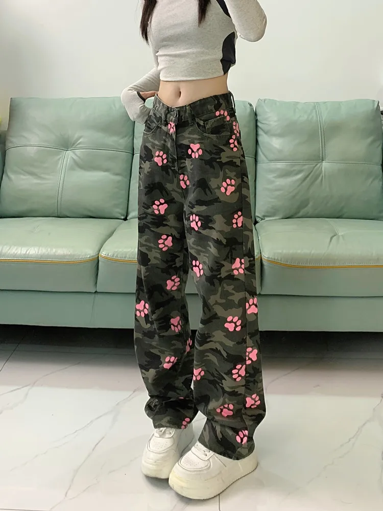 

Women's Baggy Jeans Harajuku Aesthetic Y2k Camouflage Print Denim Trousers High Waist Cowboy Pants Vintage Clothes