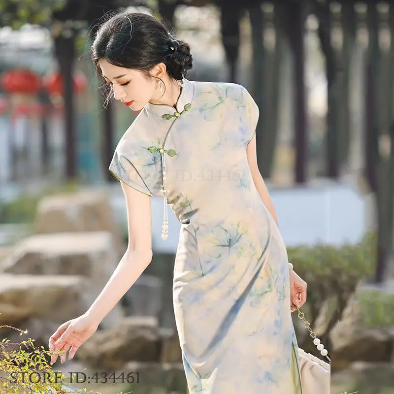 

Новое женское длинное платье Cheongsam в китайском стиле, элегантное атласное платье Ципао с цветочным принтом, сексуальное тонкое вечернее платье, Vestidos