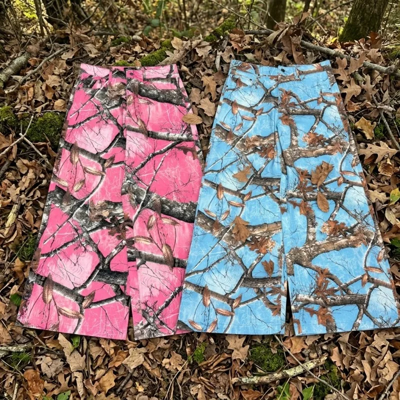 Calças Baggy Camufladas Rosa e Azul Y2K Harajuku Jeans de Perna Larga para Homens e Mulheres Moda de Rua Vintage Casual Oversized