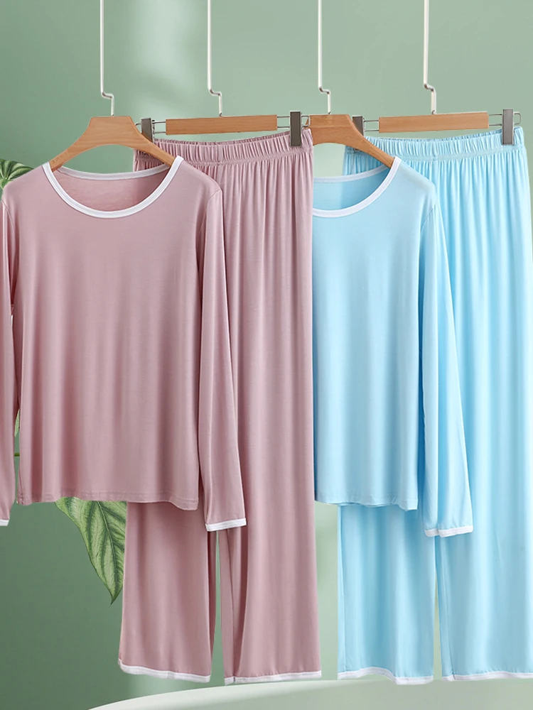 

Повседневный женский тонкий комплект домашней одежды из модала Long Sve Spwear, свободный крой, длинные брюки, круглый комплект из двух предметов на осень