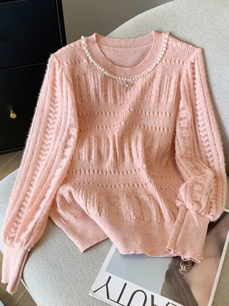 Women's Pink Pullover Knitted Sweater Harajuku Y2k Long Sleeves O-Neck Sweater Vintage 2000s 90s Aesthetic Clothes 2024 Autumn