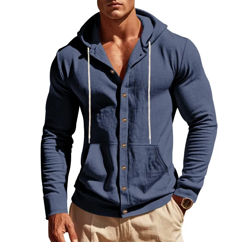 Casual Hooded Top Loose Fit with Top Stitched Seam Summer Pocket Applique Patchwork Long Sleeve Pullover T Shirt for Men