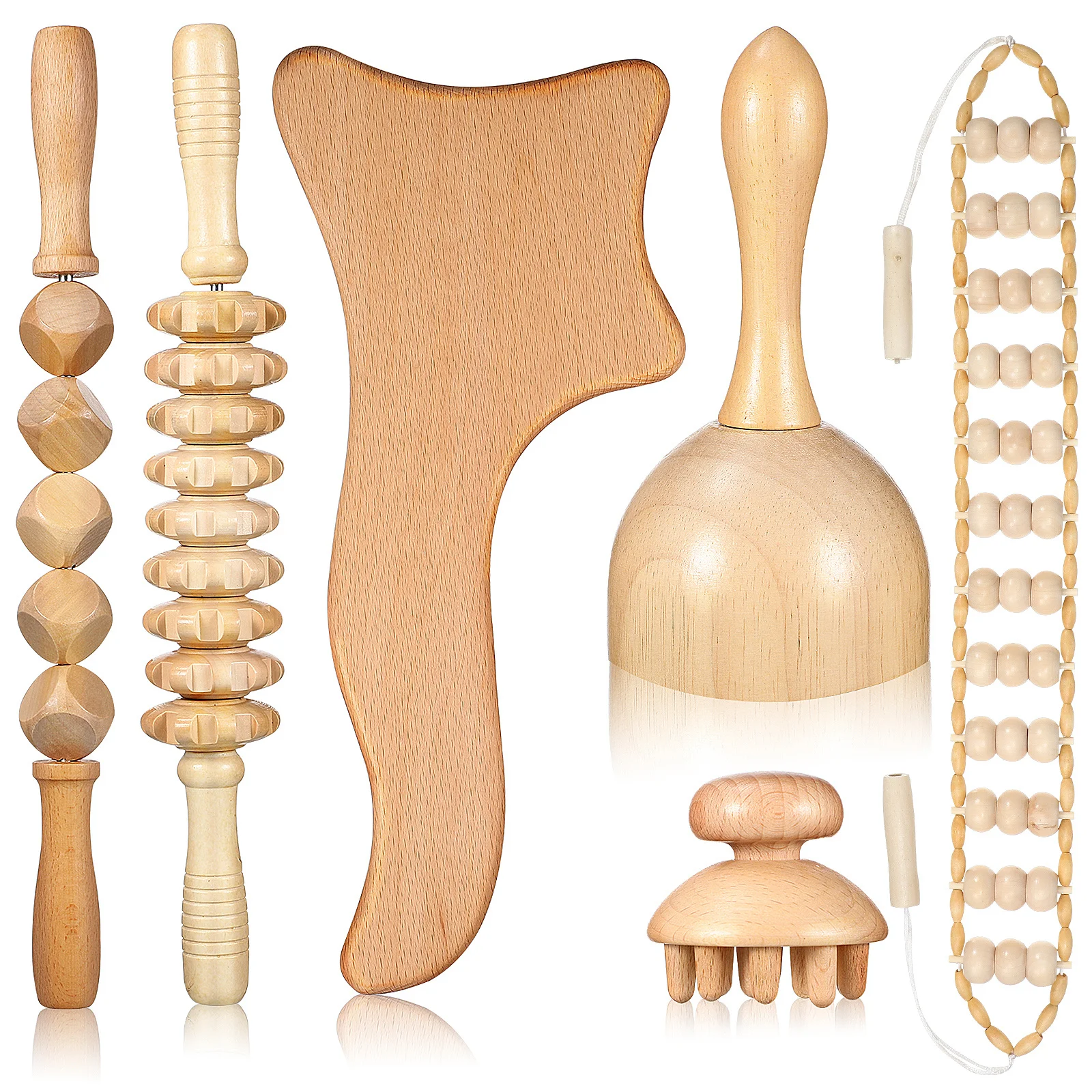 

6Pcs Massage Tools Kit Wooden Therapy Set for Body Shaping and Relaxation Back Massager Stick Muscle Roller Rope Contour Board