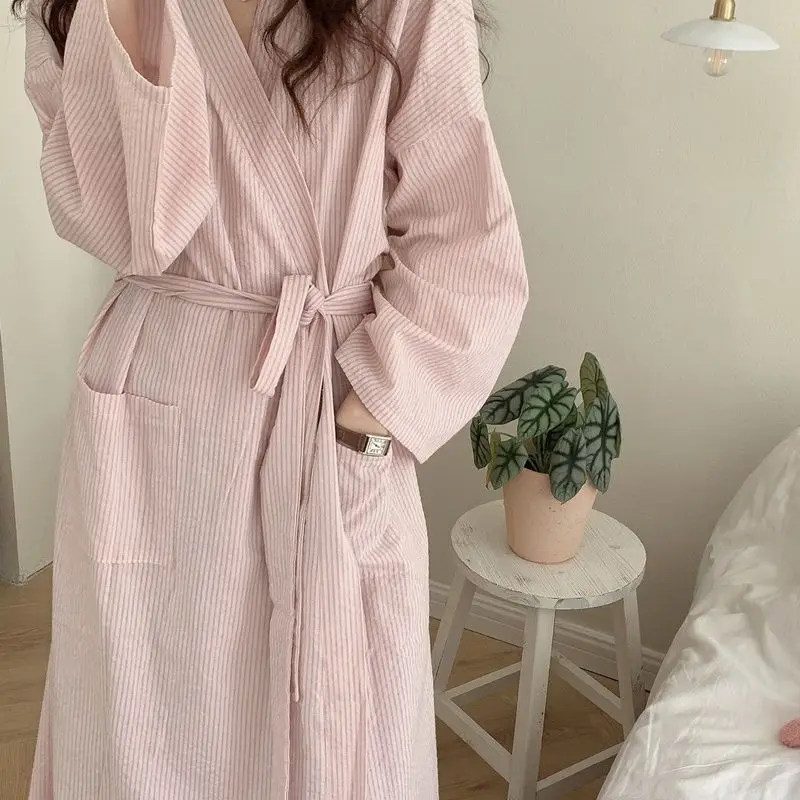 

Japanese Kimono Long Striped Nightgown Pajamas for Women Spring Autumn Korean Style Home Wear Lace-up Bathrobe Woman Clothes Hot