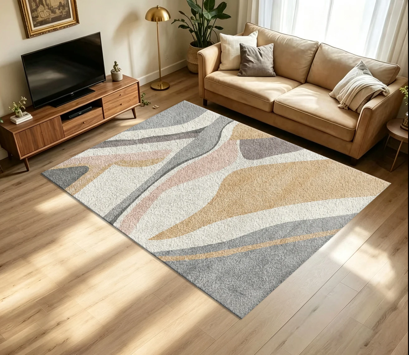 Grey Gold Blush Pink Wavy Swirl Abstract Carpet Flooring Soft Tone Large Area Rug for Bedroom Household Decor