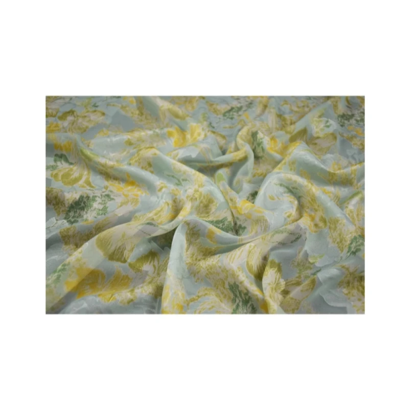 Elegant Fresh Yellow Green Flower Print Chiffon Fabric, Dress, Shirt, Han Cloth Sewing Handmade Tissue, Soft Transparent, T2230