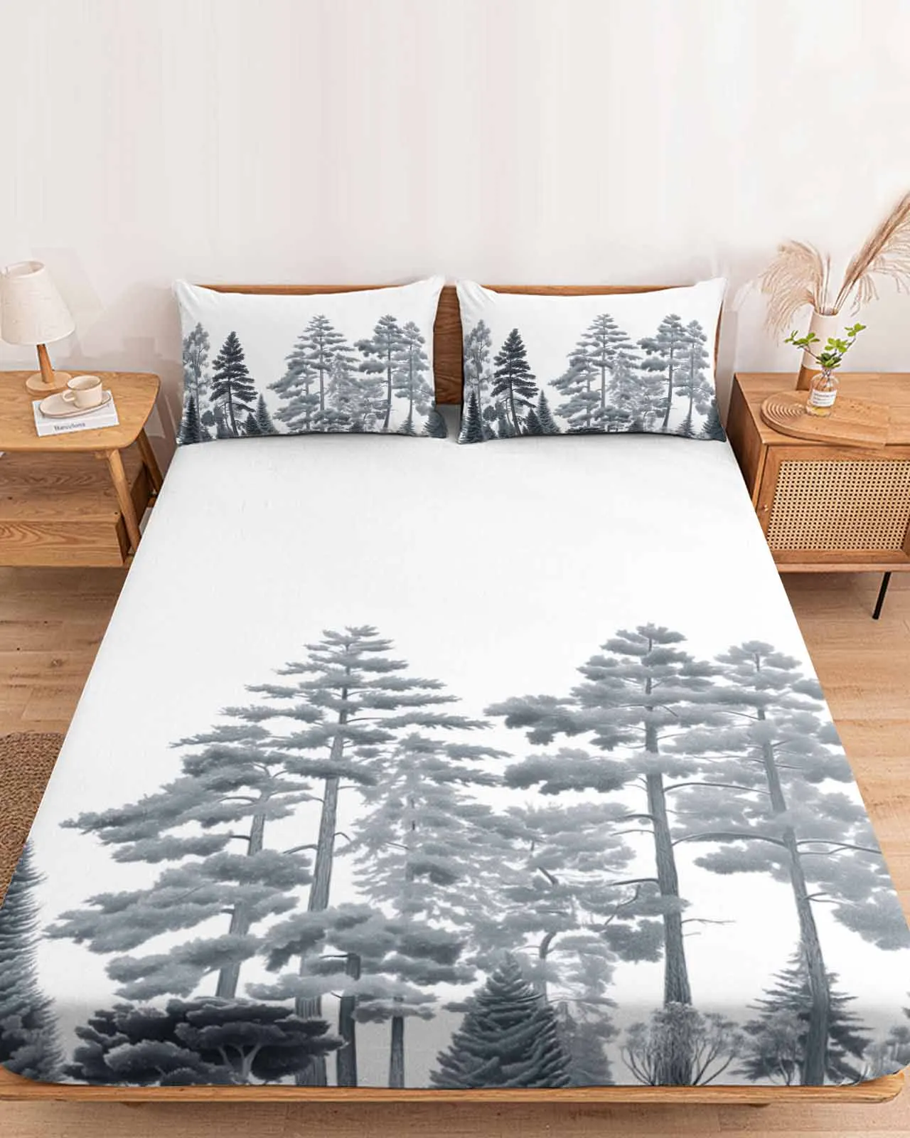 

Hand Drawn Pine Forest Polyester Fitted Sheet Mattress Cover Four Corners Elastic Band Bed Sheet Pilllowcase