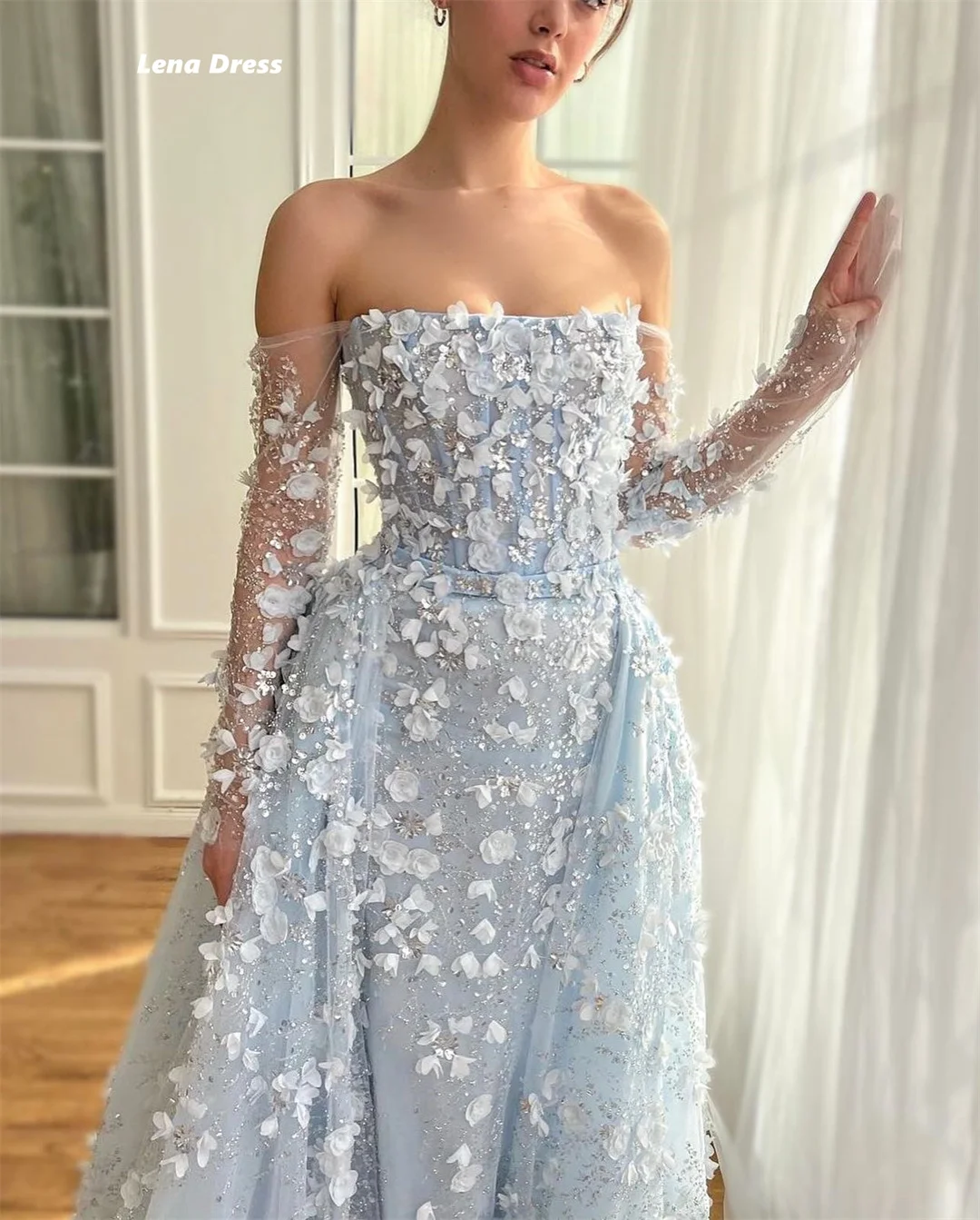 Lena Line A robes de soirée élégantes pour mariage femme sur mesure robe de soirée pour femmes de luxe 2025 épaules dénudées fleur dentelle bal