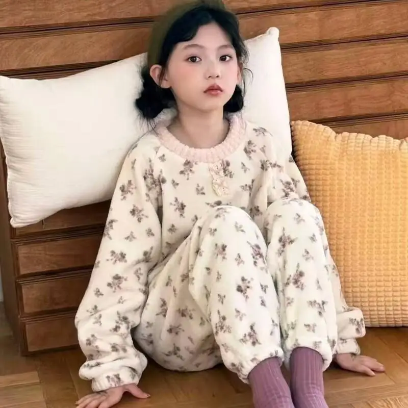 Kawaii Casual Coat Set Fashion 2 Piece Set Children S Clothing New Autumn Winter Kids Homewear Floral Fleece Warm Casual Stylish