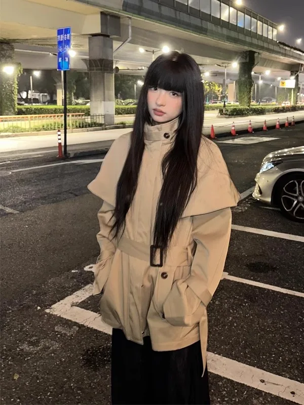 

Fashionable Khaki Color Stand Collar Women's Coat 2025 Autumn New Arrival Korean Style Commute Polyester Fiber Long Sleeve