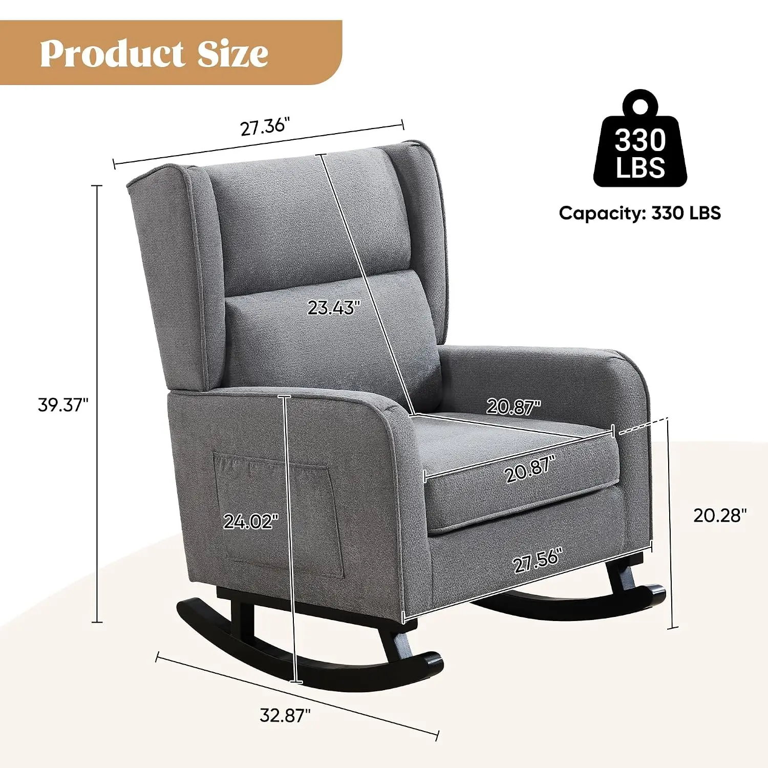 Nursery Rocking Chair Modern Wingback High Backrest Wood Legs Sherpa Reading Living Room Bedroom Grey, Customized