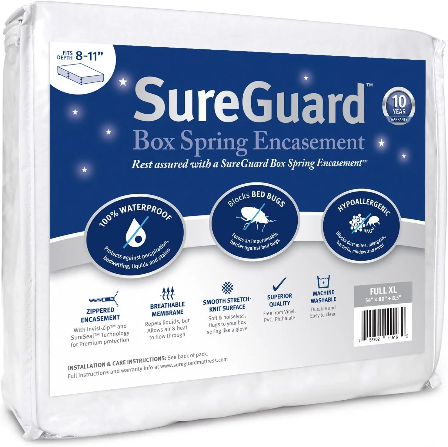 

Full Xl Sureguard Box Spring Encasement - 100% Waterproof, Bed Bug Proof, Hypoallergenic - Premium Zippered Six-Sided Cover