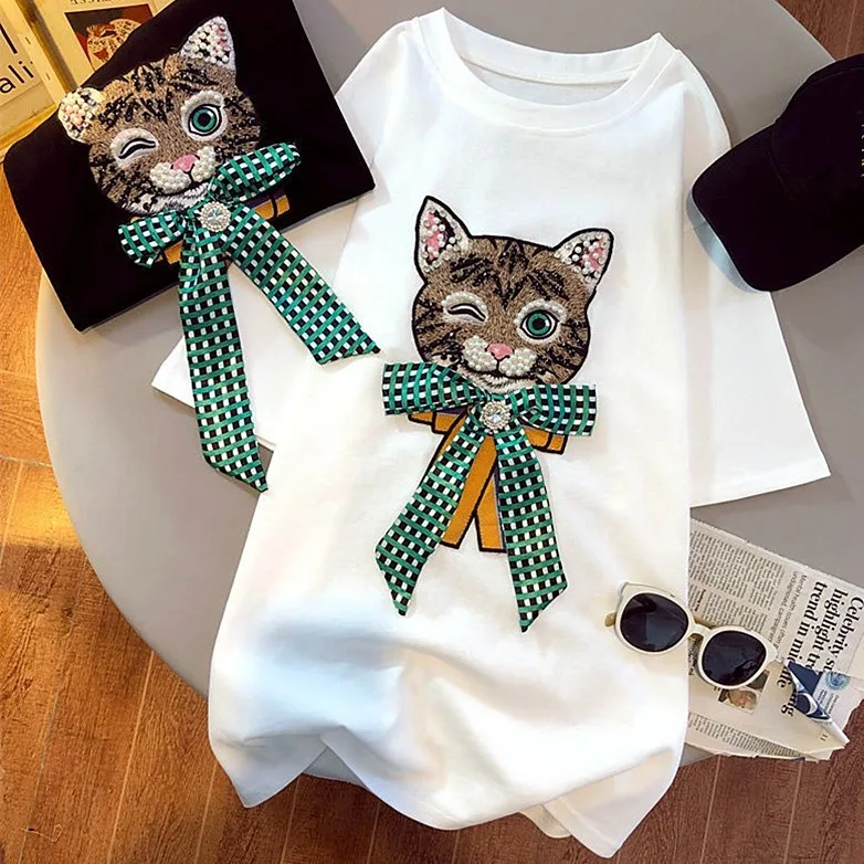 

Women Tops Summer Spring Short Sleeve Shiny Bowknot Bear Pullover Korean Fashion Diamond Beaded Pearl Sweet Sequins Cute Tee
