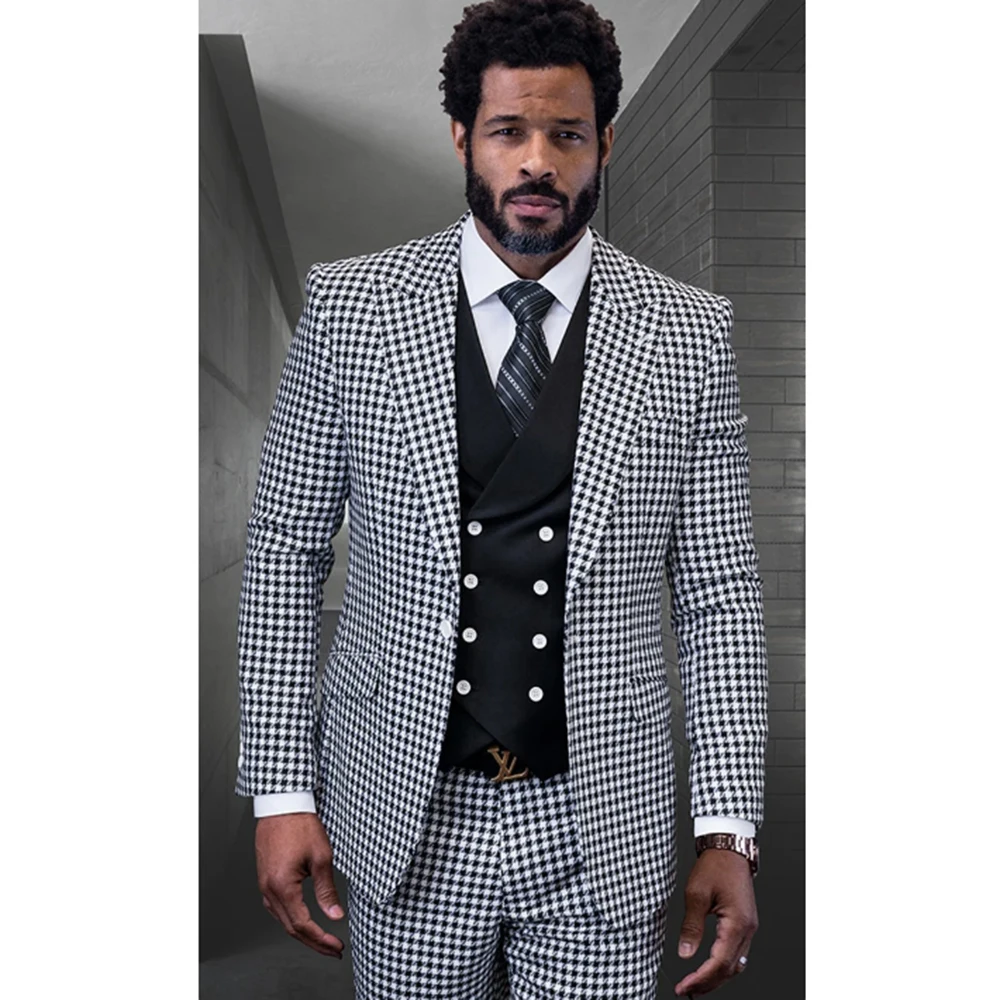 

Classic Black White Checkered Men's Suits 3 Pieces Jacket Vest Pant Sets High Quality One-Button Male Slim Fit Clothing Homme