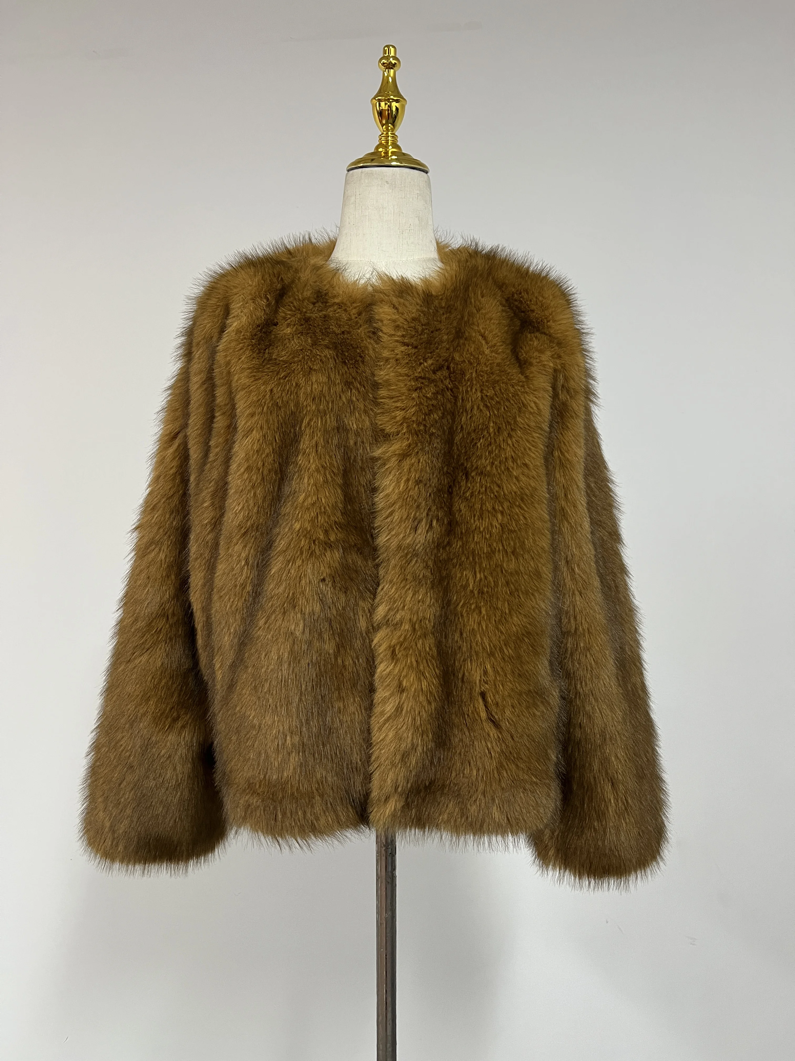 Women's Whole Red Fox Faux Fur Coat European American Style Luxury Elegant Tailored Fit Outerwear in Rich Colors Jacket Natural