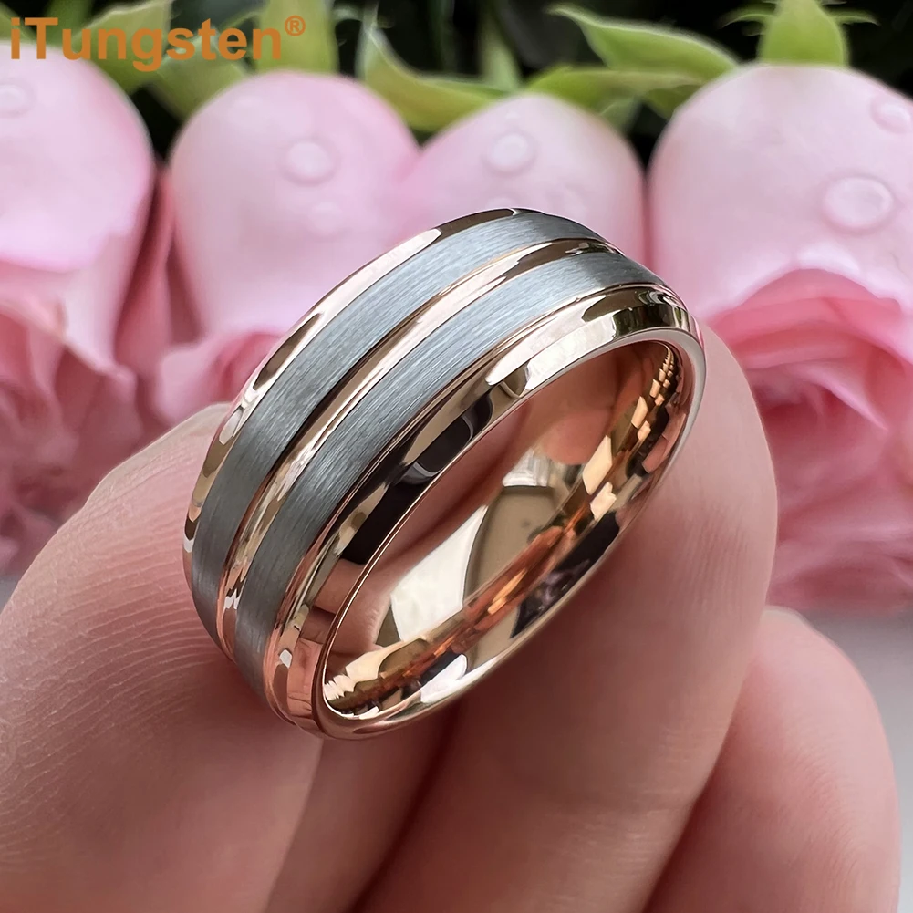 iTungsten 8mm Fashion Rings for Men Women Tungsten Wedding Band Stepped Beveled Grooved Brushed Finish Comfort Fit