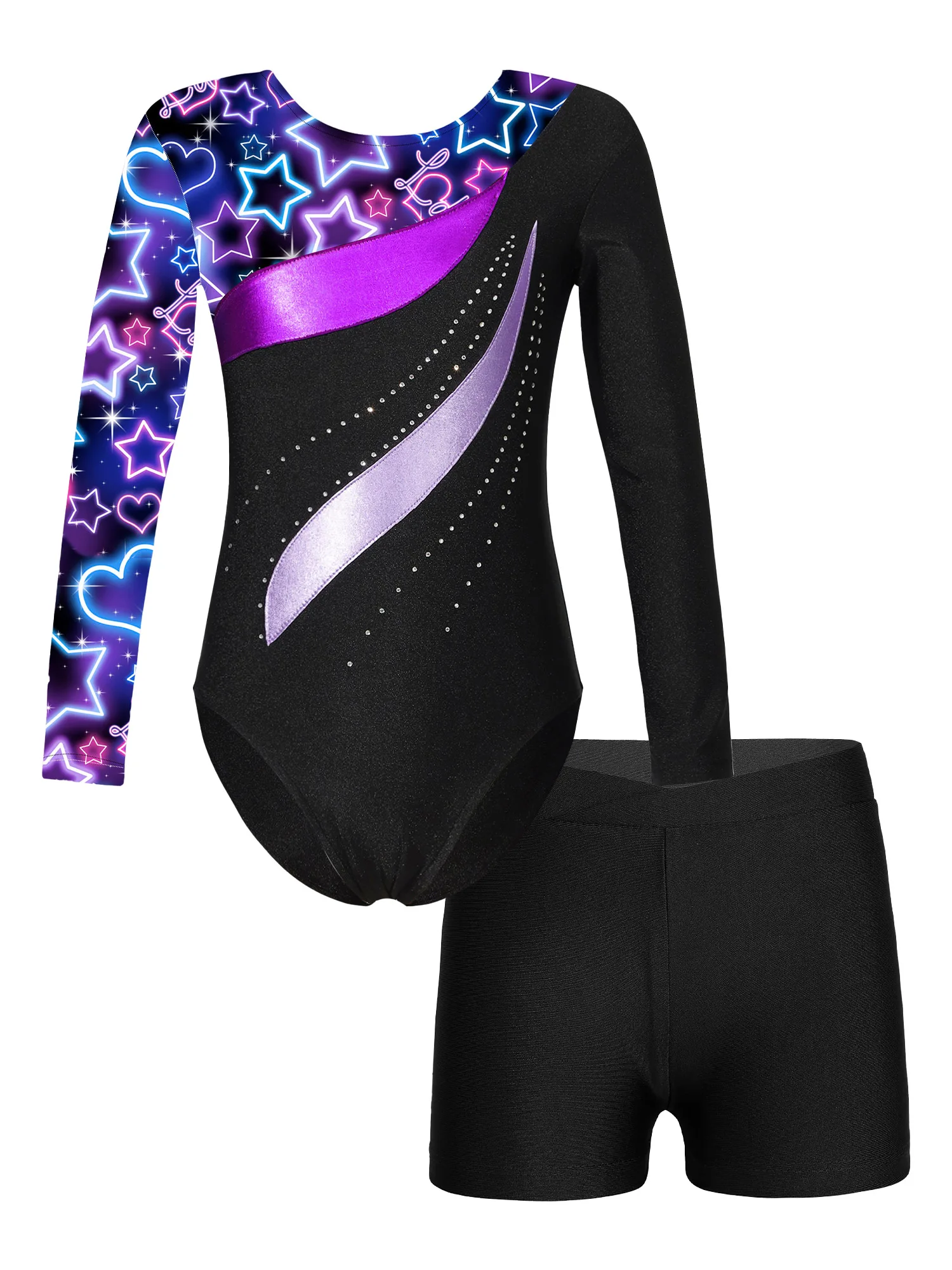 Kids Girls Long Sleeve Gymnastics Leotard Workout Bodysuit Jumpsuit with Shorts 2 Pieces Set Tracksuit Tumbling Dance Outfits