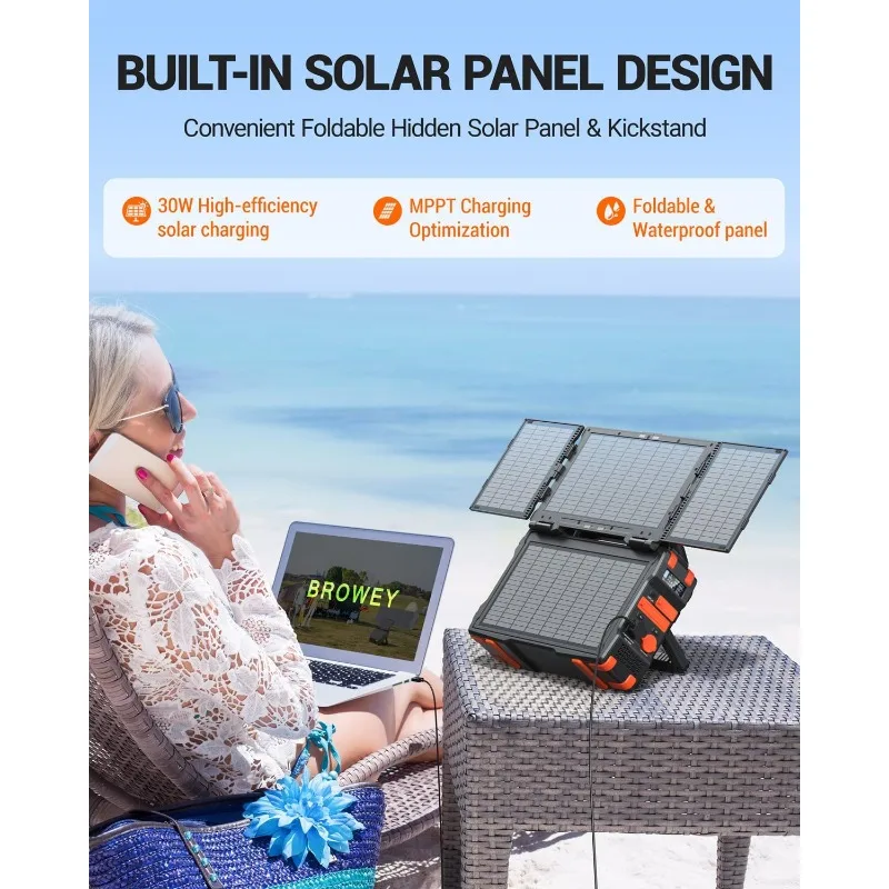 Portable Power Station with Hidden Folding Solar Panel, Self-charge & Pass-through Charging, 284Wh Battery Backup, AC 300