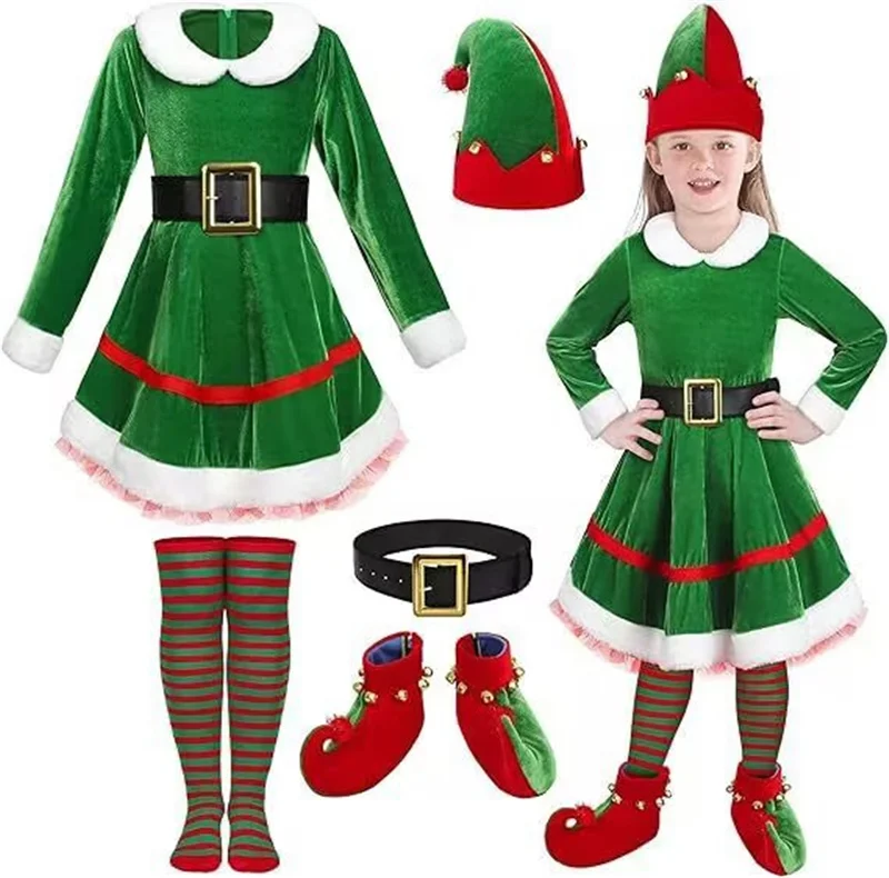 Christmas Family Matching Dresses Mom Girls Xmas Sets Kids Green Vestidos Children's Long Sleeve Gown Teenager Family Look Dress