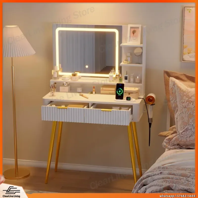 Fluted Vanity Desk with Mirror Lights 31 Inch Makeup Vanity Table with 2 Drawers 3 Lighting Modes Dressing Table for Bedroom