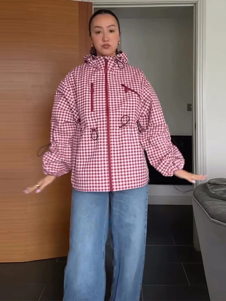 Karierte Kapuzenjacken mit elastischem Bund und Kordelzug für Damen, Streetwear, lange Ärmel, locker sitzende Jacken, Frühlings-Chic-Oberbekleidung für Damen – Detail 23