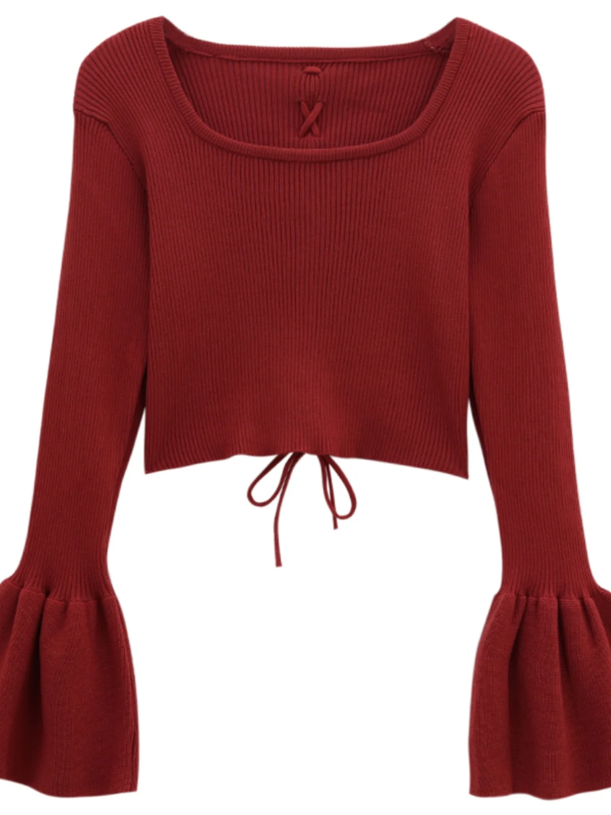 Women's Knitted Sweater with Drawstring High Waist Bell Sleeve Square Collar Short Style Inner Wear Top for Autumn Winter view 5
