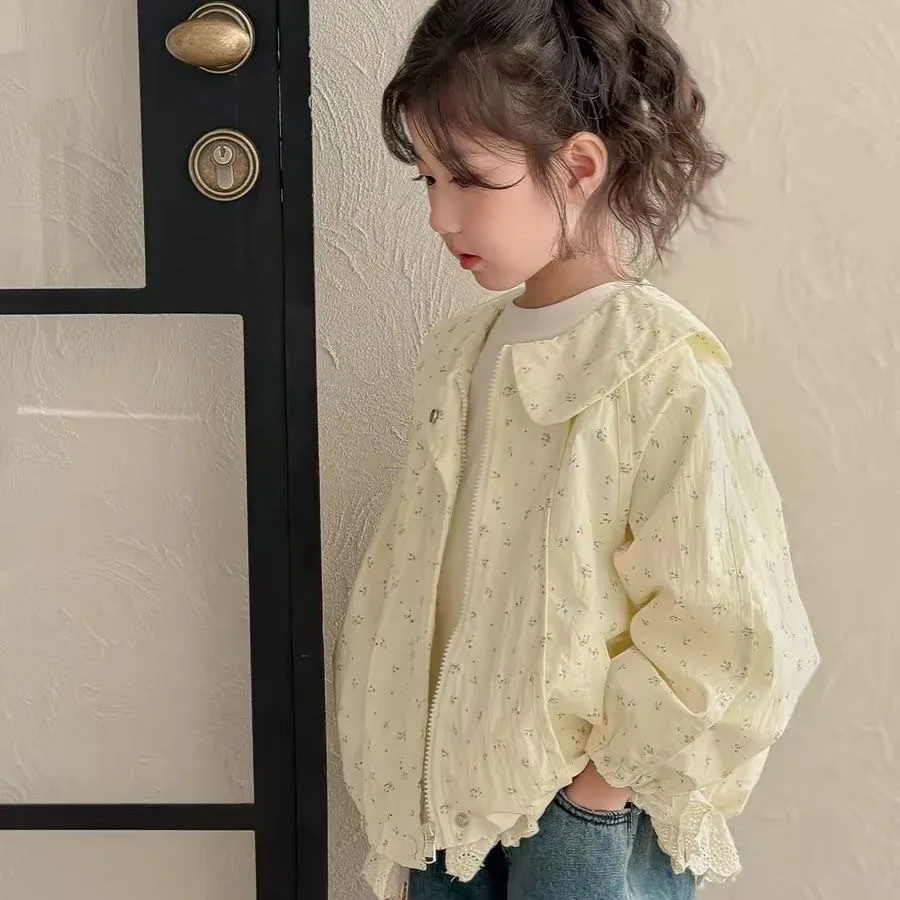 Spring Autumn Floral Girl's Jacket Children's Casual Sweet Lace Trim Coat New Style Kids Baby Fashion Outerwear