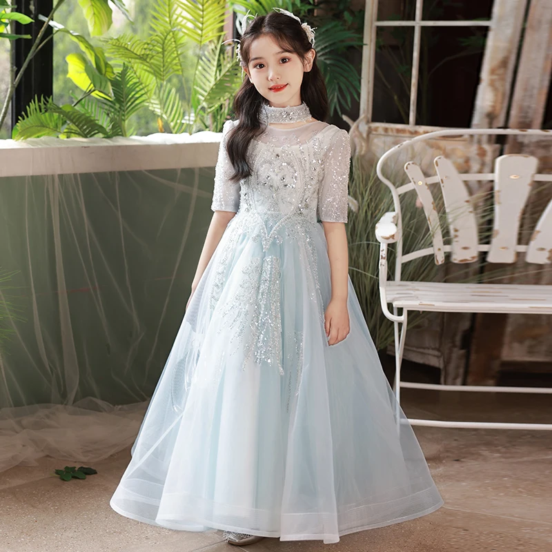 Girls dress with mid-length sleeves, hand-made custom-made, pearl-length, fluffy tulle princess dress