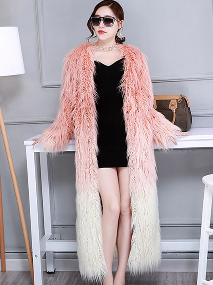 Nerazzurri Winter Long Faux Fur Coat Women V-Neck Multi Color Fashion Slim Shaggy Fluffy Hairy Fake Mongolian Sheep Fur Overcoat