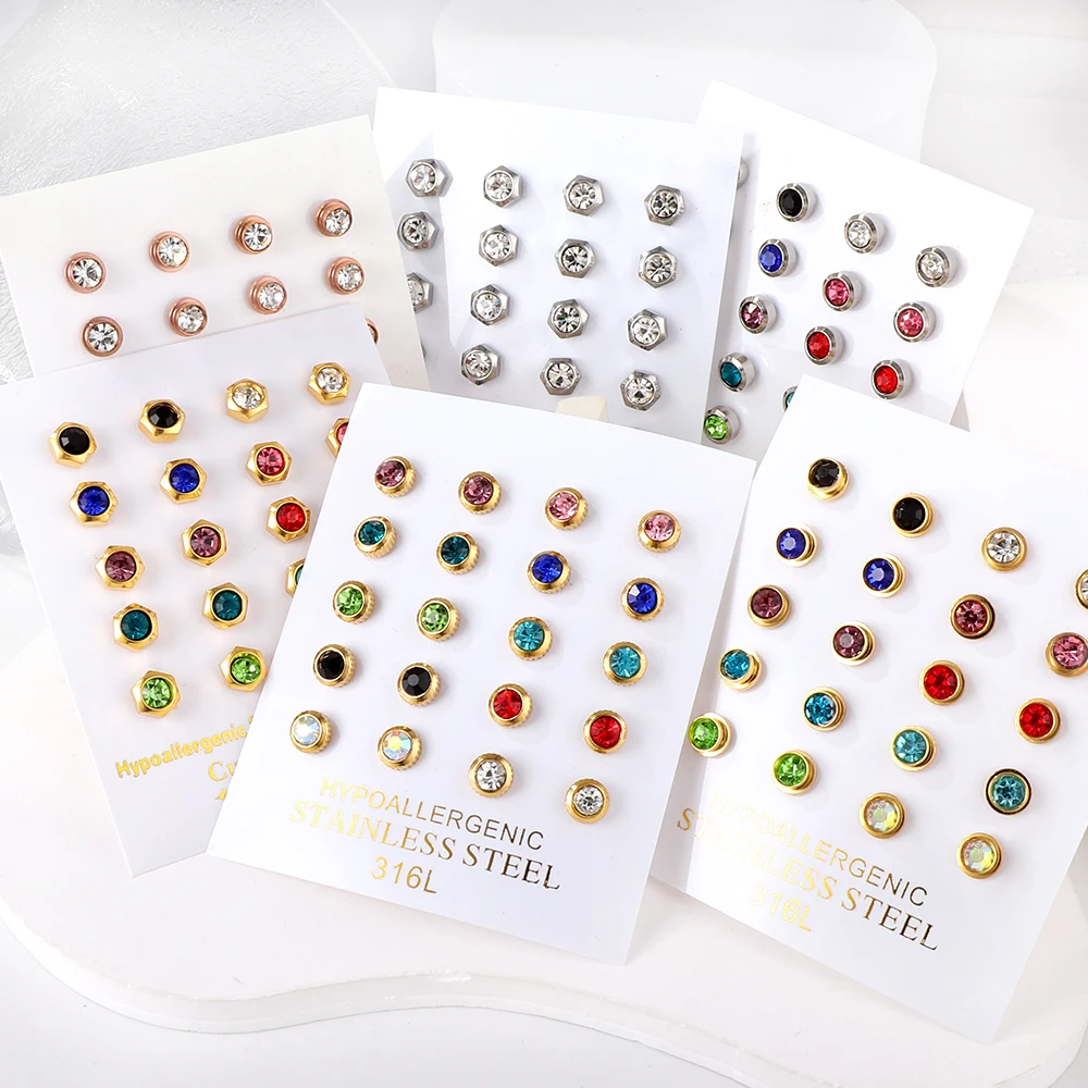 LUXUKISSKIDS Mehrfarbige kleine runde weiße, deutlich kubische Zirkon-Ohrstecker für Damen/Herren, 10 Paare/Lose, Geburtsstein-Piercing