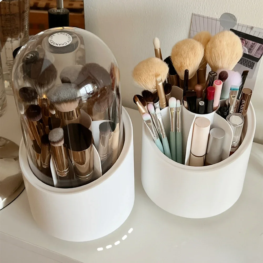 

Desktop Makeup Brush Storage Bucket Cup Holder with Lid Rotating Makeup Lipstick Cosmetic Storage Box Organizer Tube Transparent